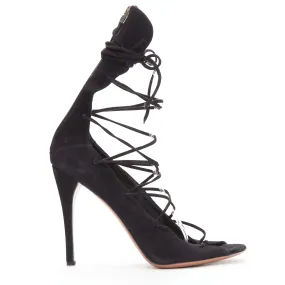 ALAIA black suede leather lace up back zip strappy sandal heels EU38.5