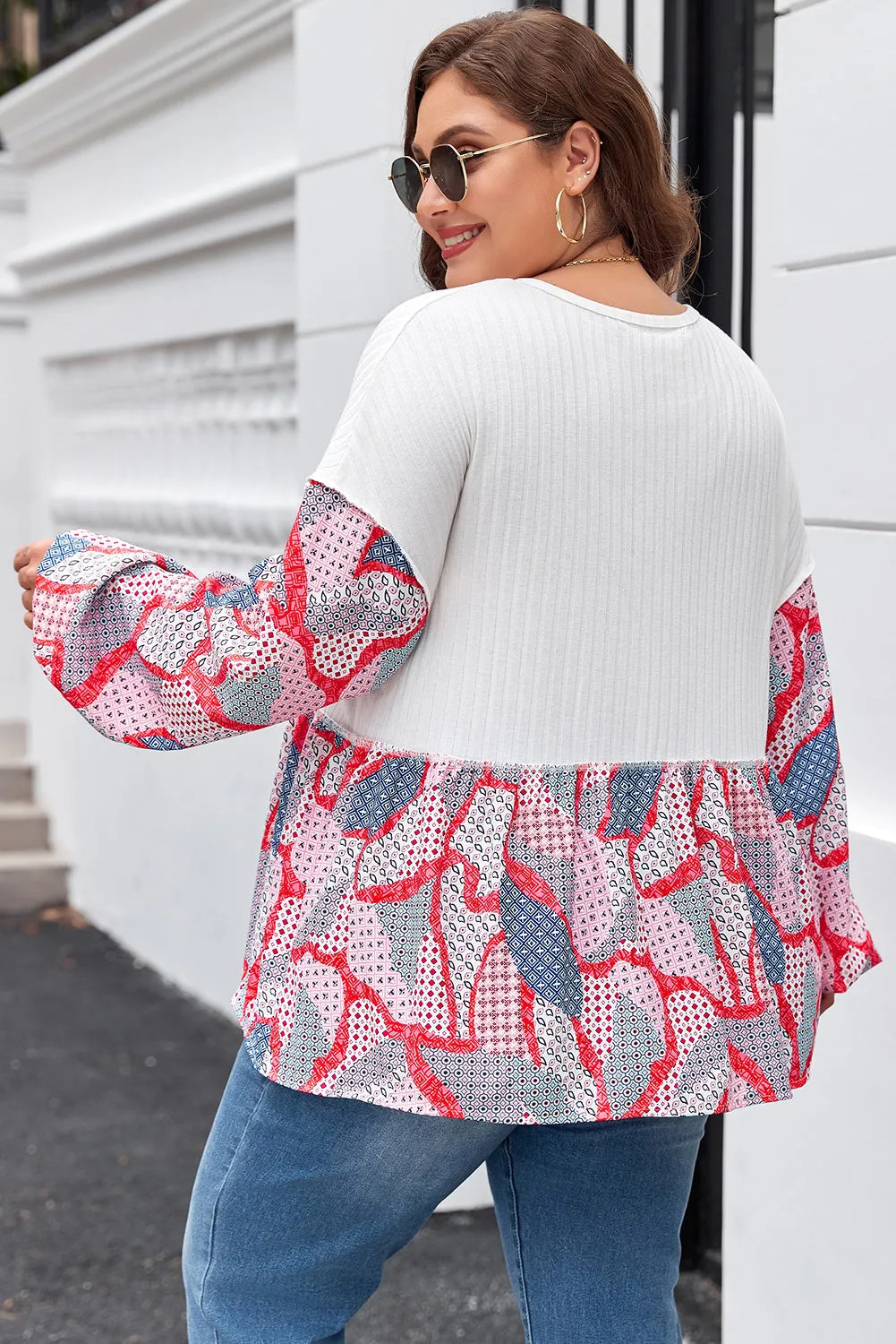 Apricot Plus Size Printed Patchwork Textured Buttoned Blouse