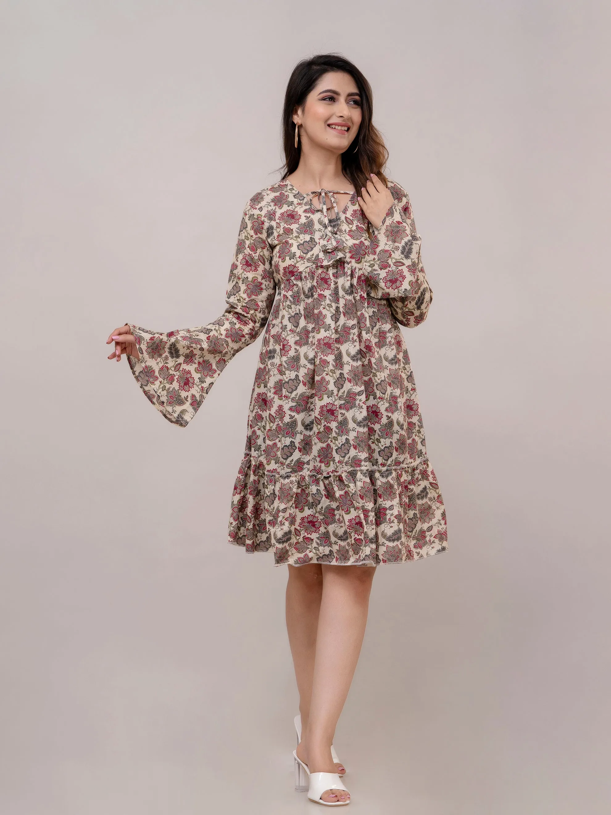 Beige Cotton Printed V-Neck Tiered Tunics
