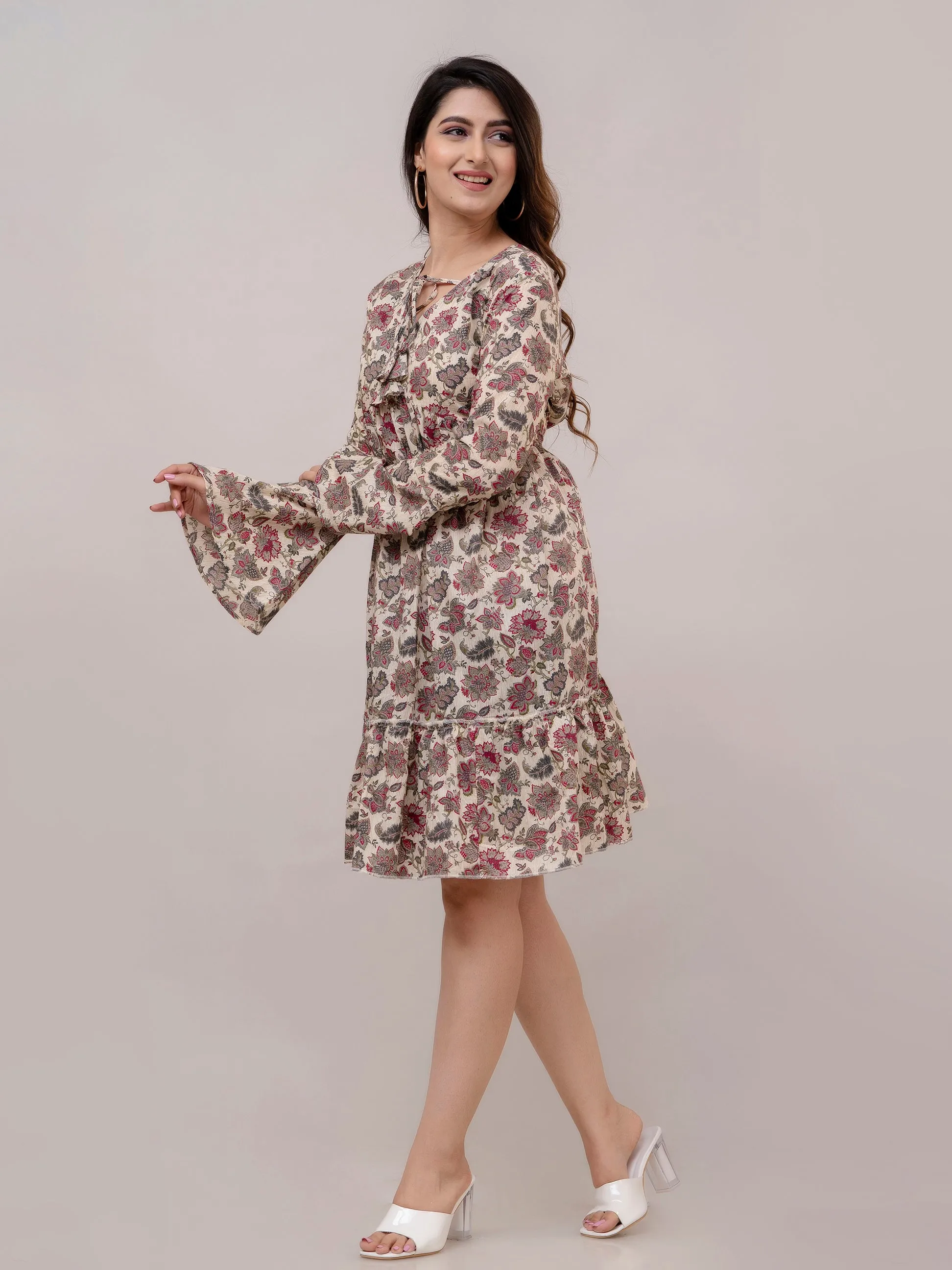 Beige Cotton Printed V-Neck Tiered Tunics