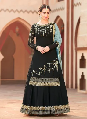 Black And Teal Embroidered Lehenga Kurti Suit