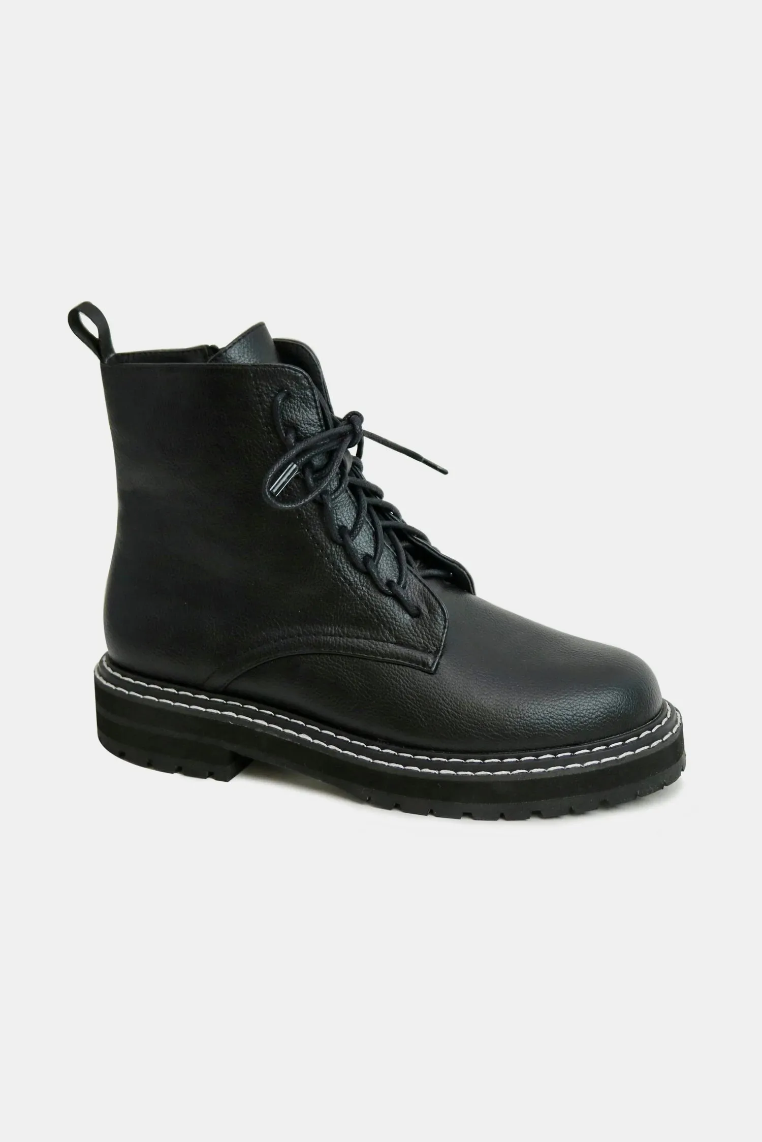 Black Faux Leather Lace-Up Boots with Side Zipper