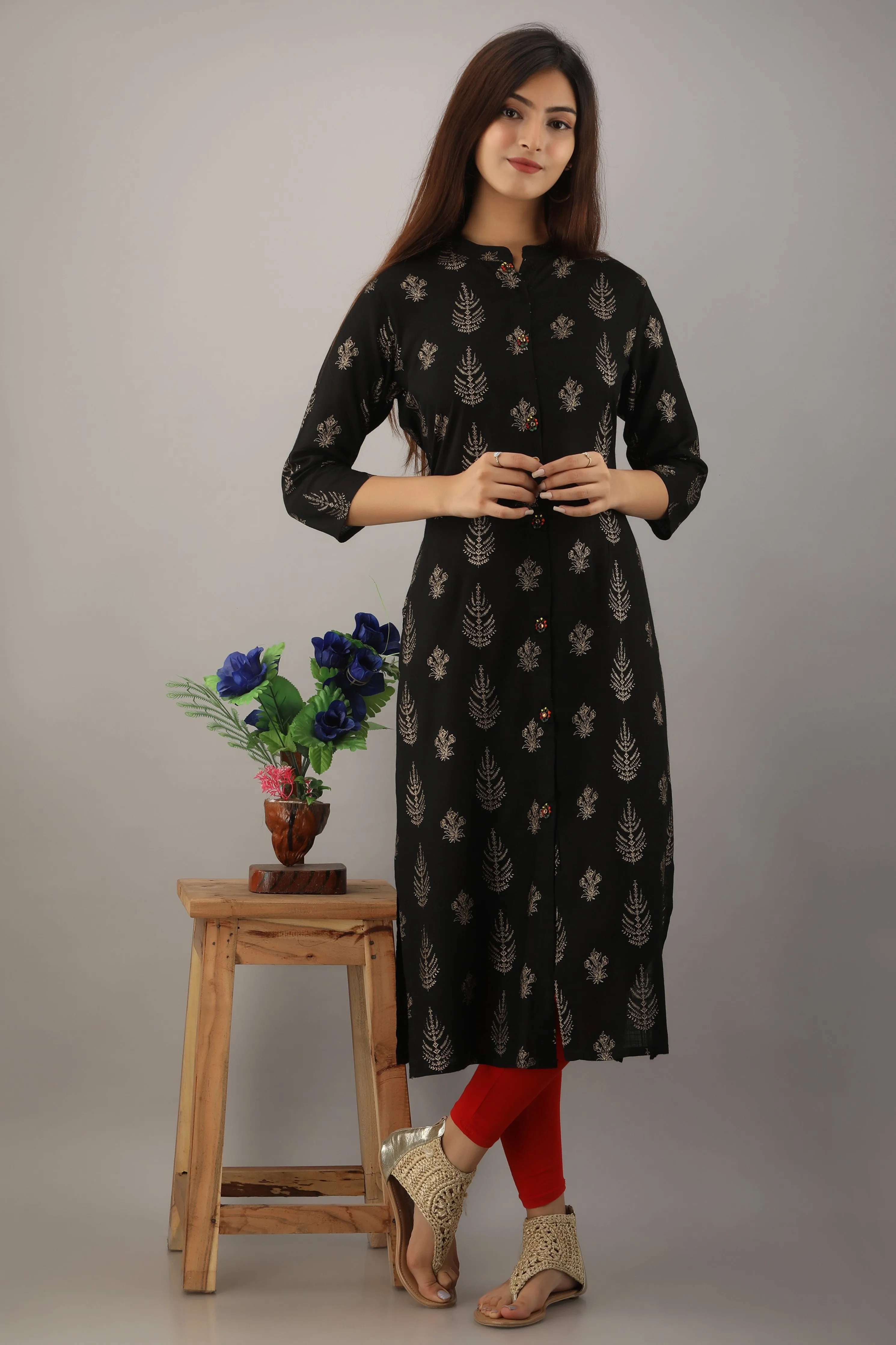 Black Rayon Slub Straight Womens Kurta