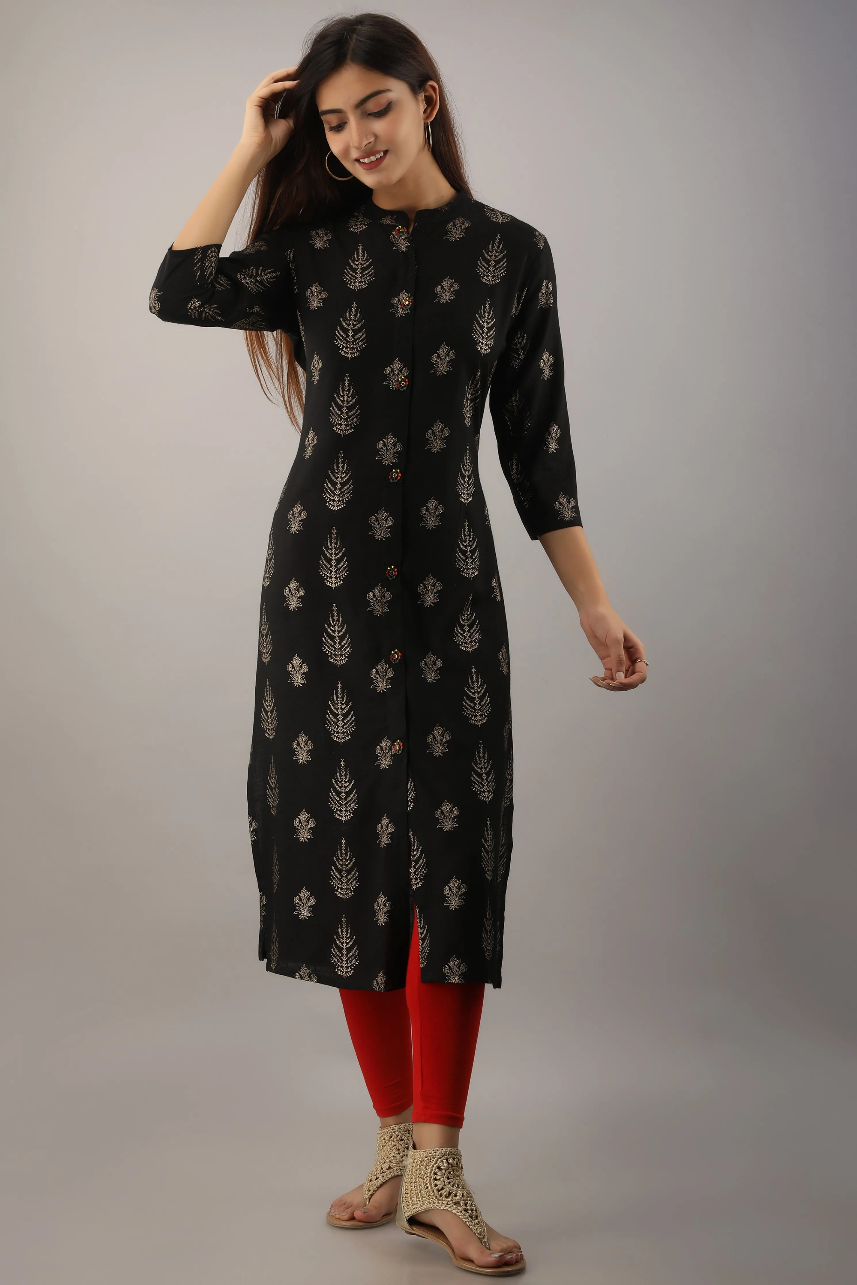 Black Rayon Slub Straight Womens Kurta