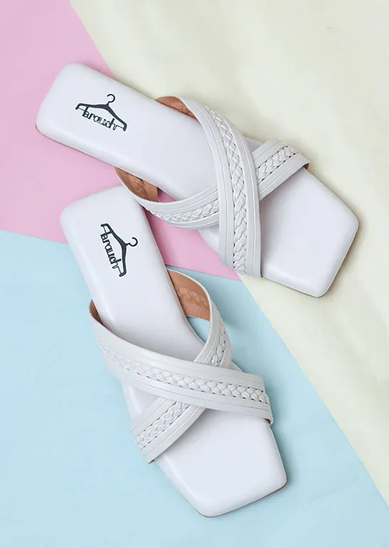 Brauch White Cross Strap Patterned Flats