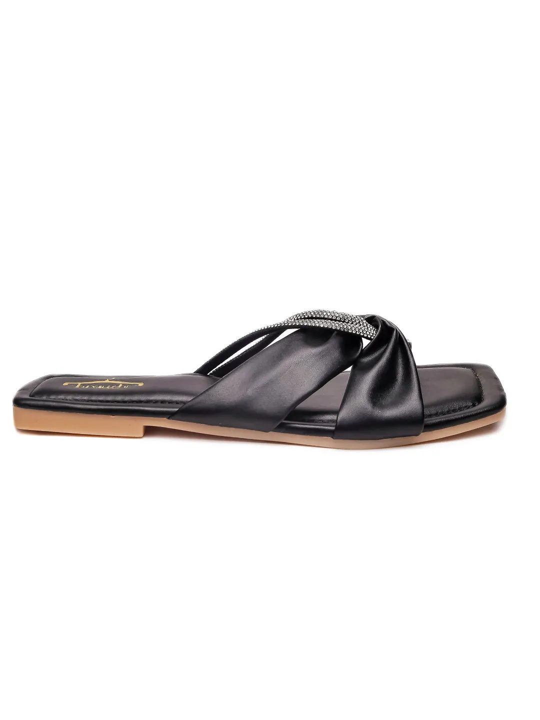 Brauch Women Black Cross Strap Rhinestone Flats
