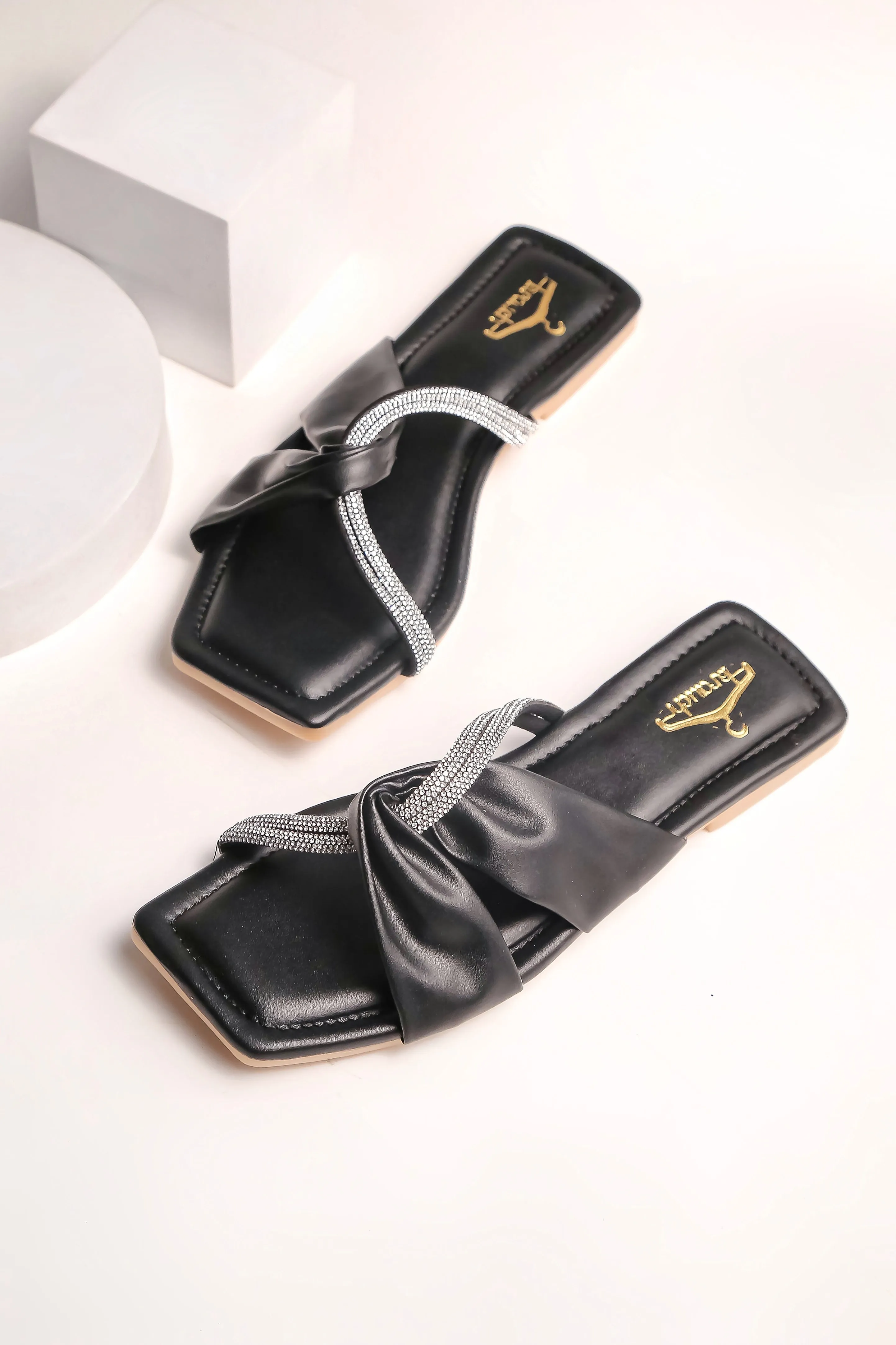 Brauch Women Black Cross Strap Rhinestone Flats