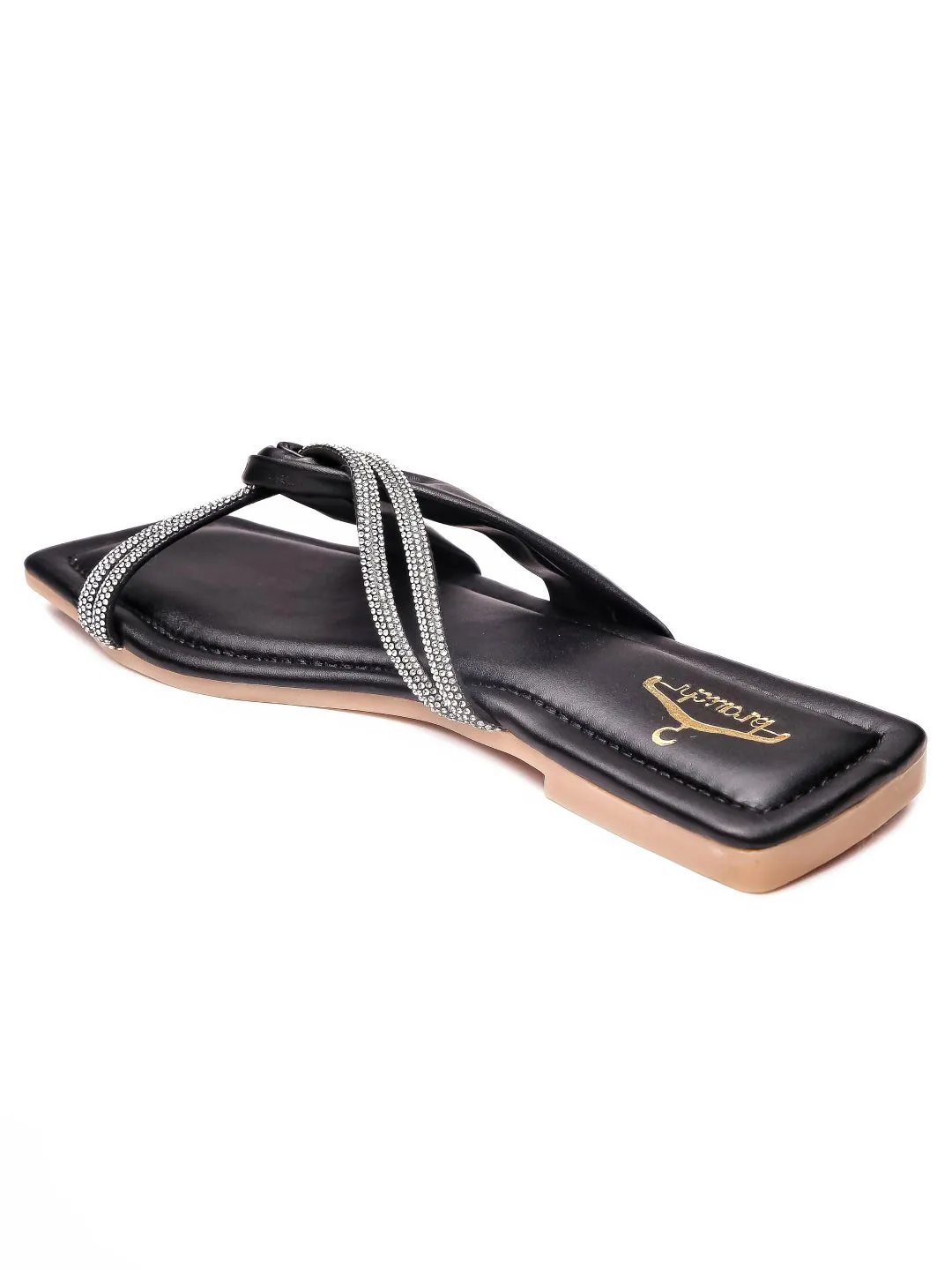 Brauch Women Black Cross Strap Rhinestone Flats