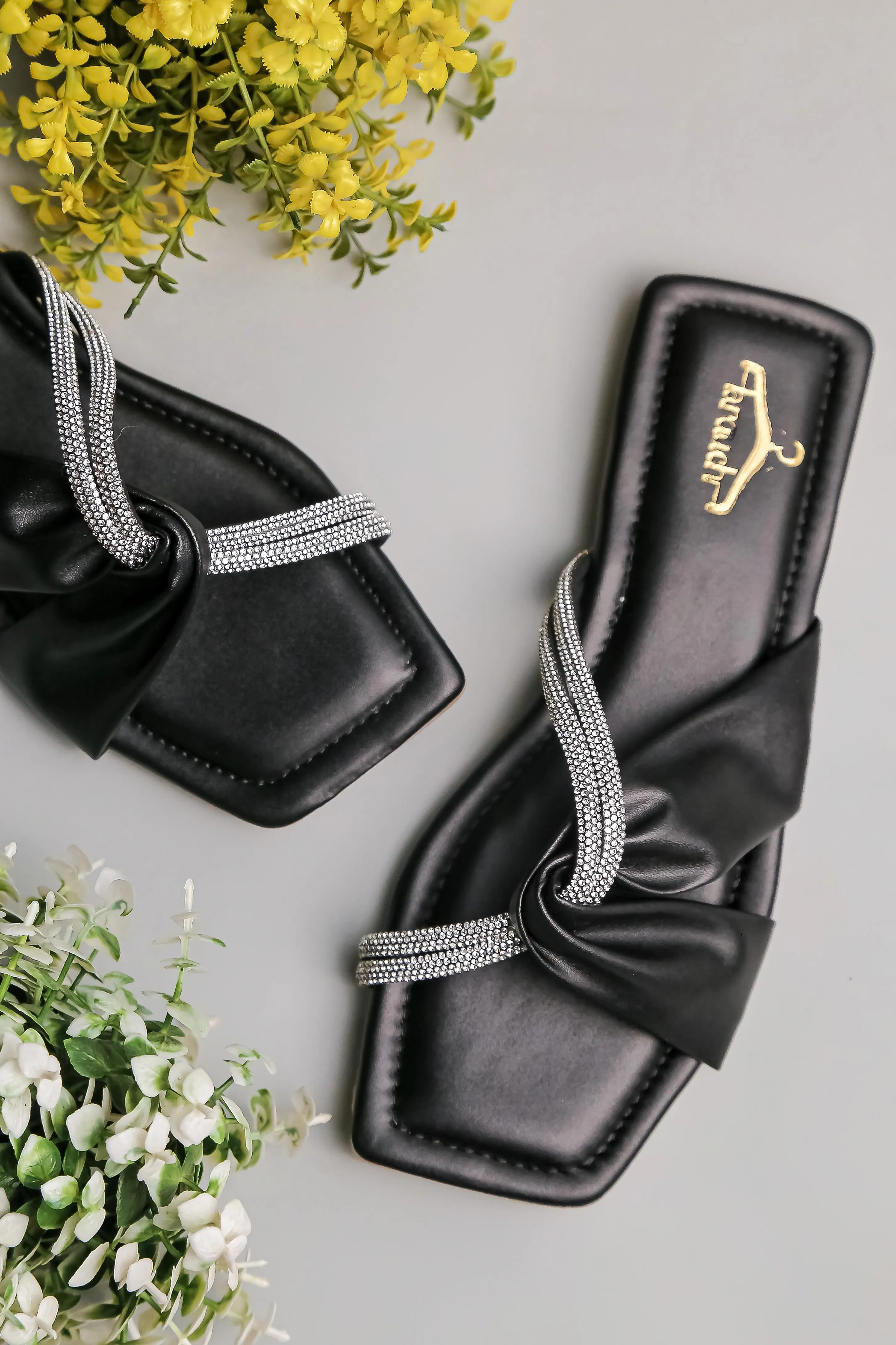 Brauch Women Black Cross Strap Rhinestone Flats