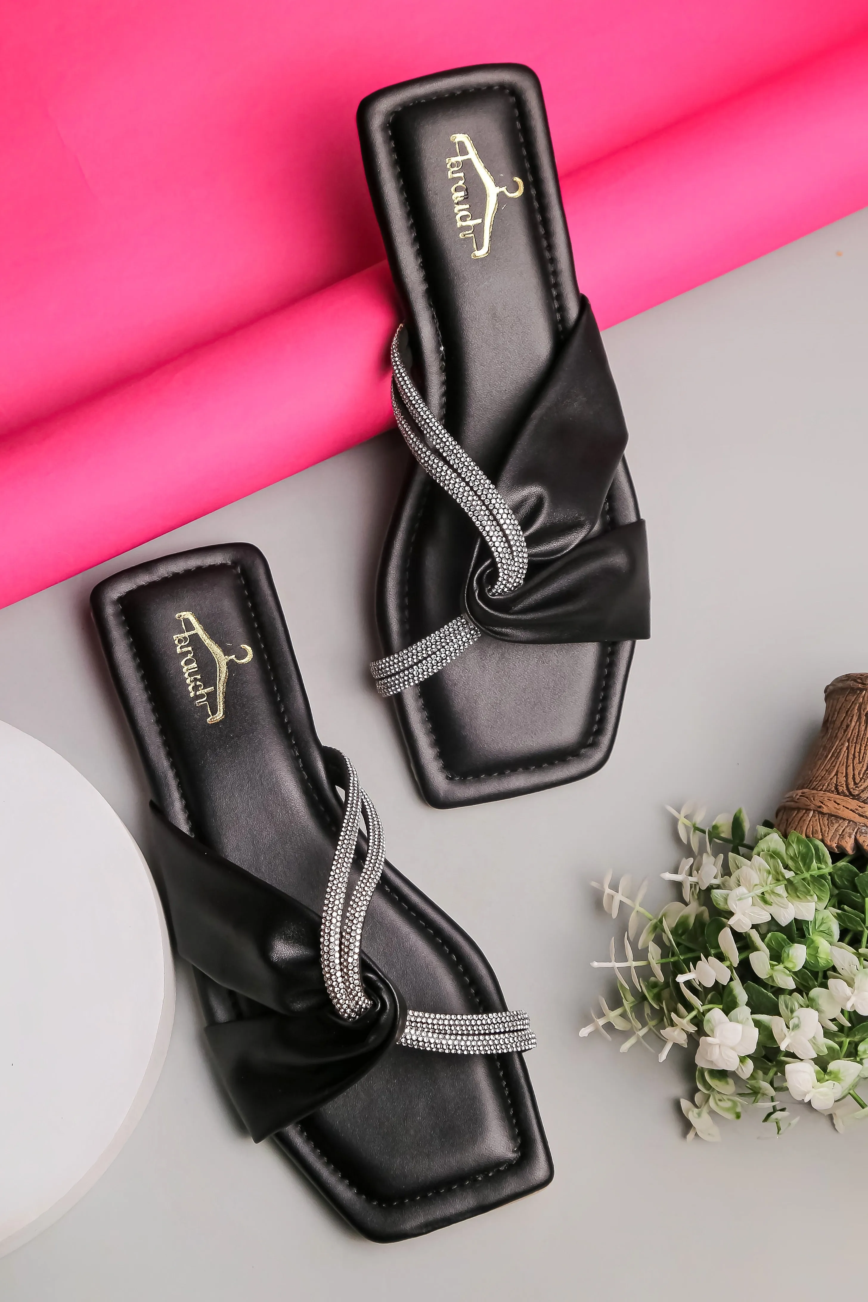 Brauch Women Black Cross Strap Rhinestone Flats