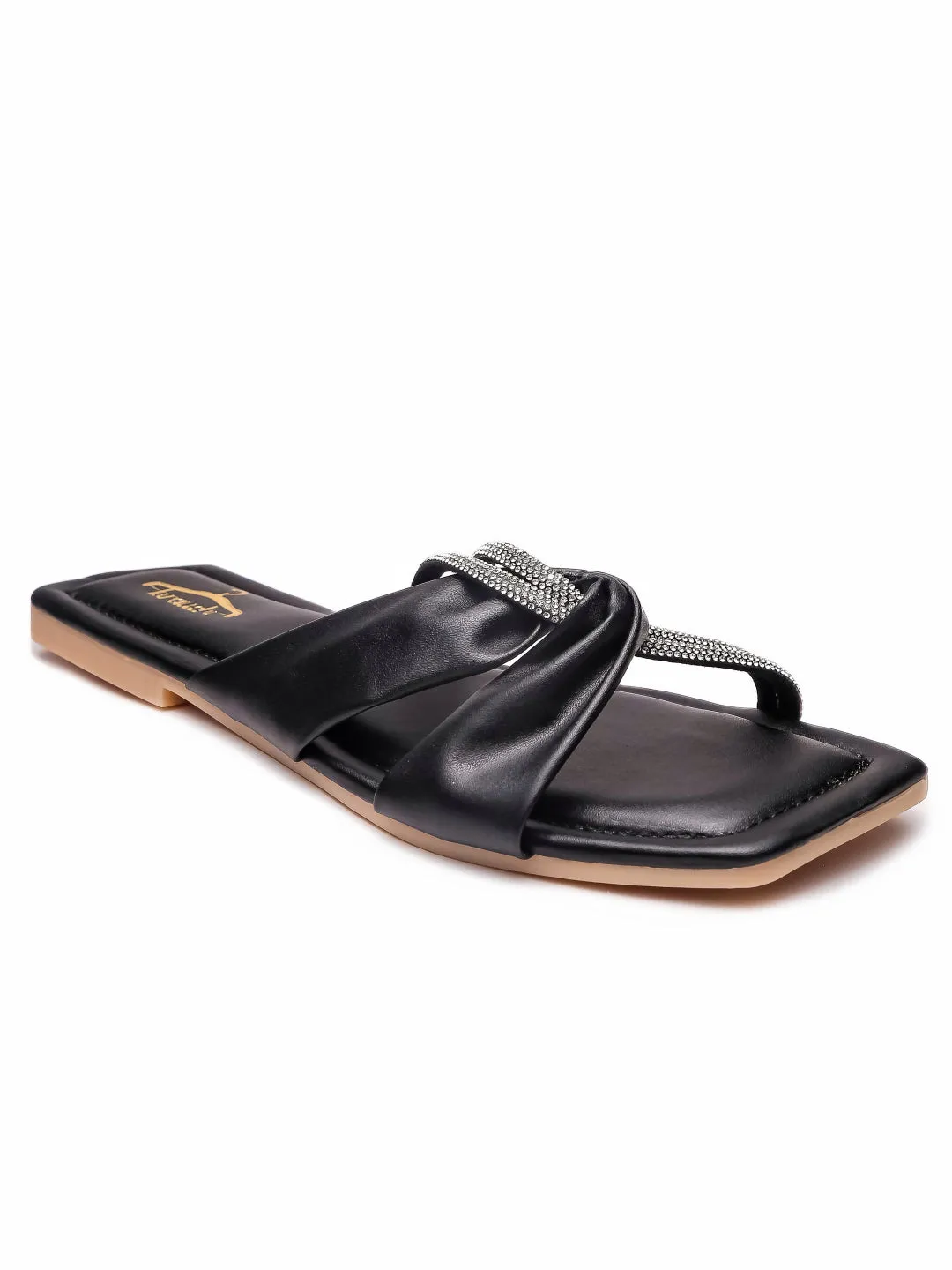 Brauch Women Black Cross Strap Rhinestone Flats