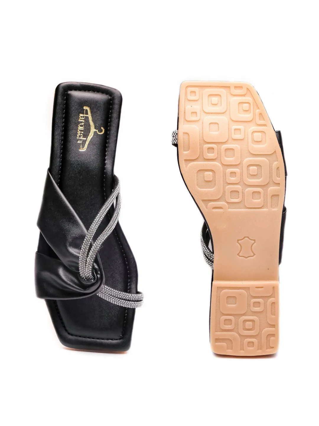 Brauch Women Black Cross Strap Rhinestone Flats