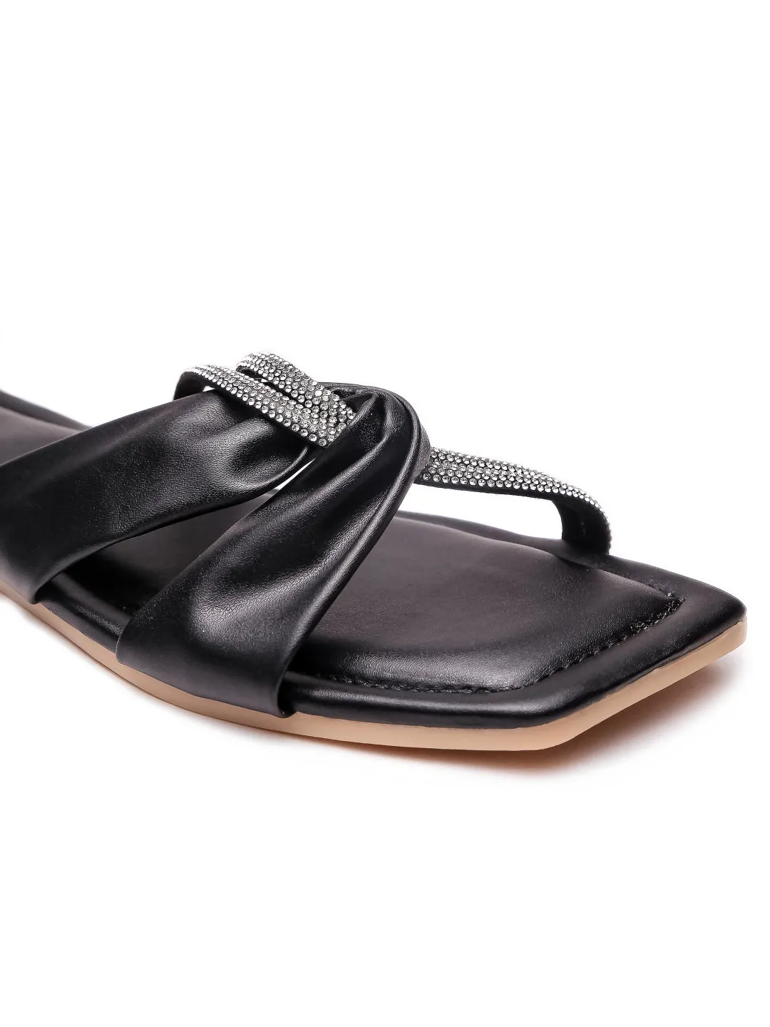 Brauch Women Black Cross Strap Rhinestone Flats