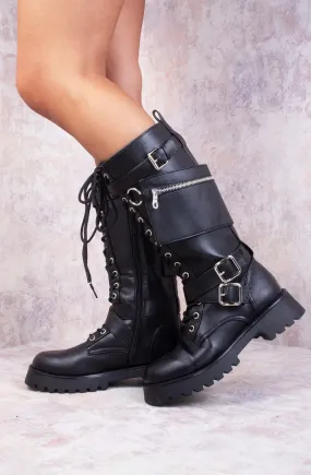 Britney Black Biker Buckle Lace Up Chunky Calf Boots
