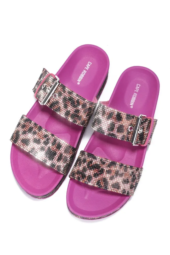 Cape Robbin Praise Pink Footbed Platform Rhinestone Slip On Sandals Leopard