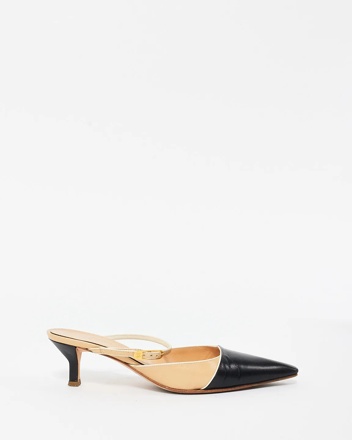 Chanel Vintage Beige & Black Cap Toe Mule Pumps - 35.5
