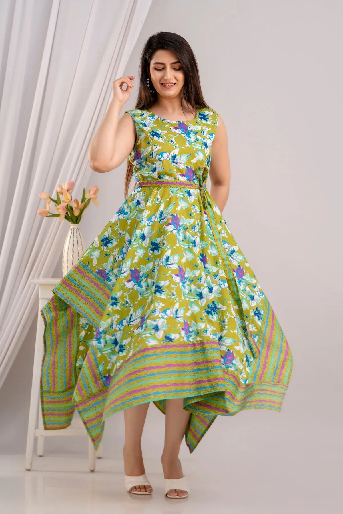 Chartreuse Floral Printed Sleeveless Asymmetric Hem Maxi Dress