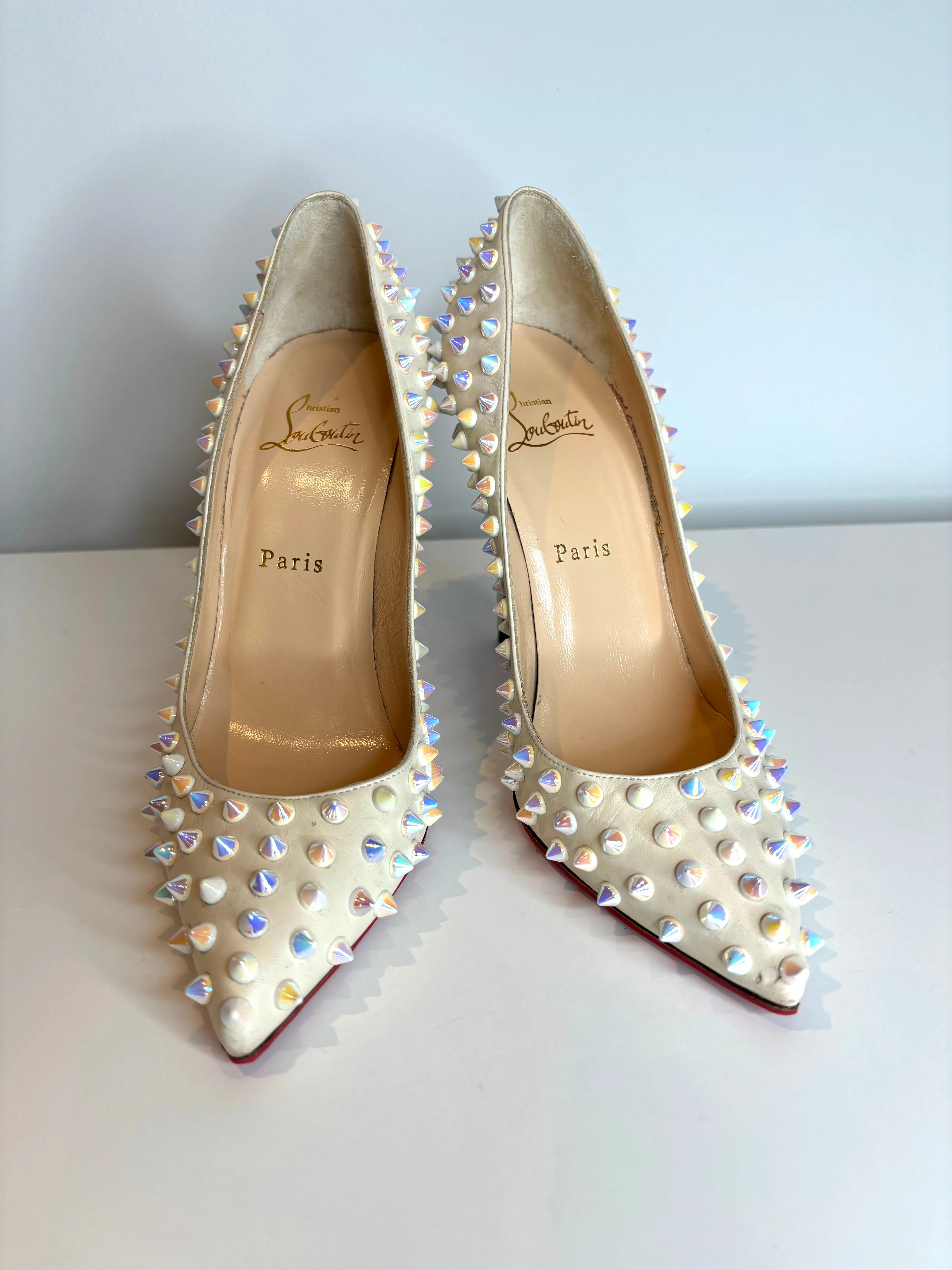 Christian Louboutin Pigalle Follies Spike 100 Cream Leather Heels 38.5 UK5.5