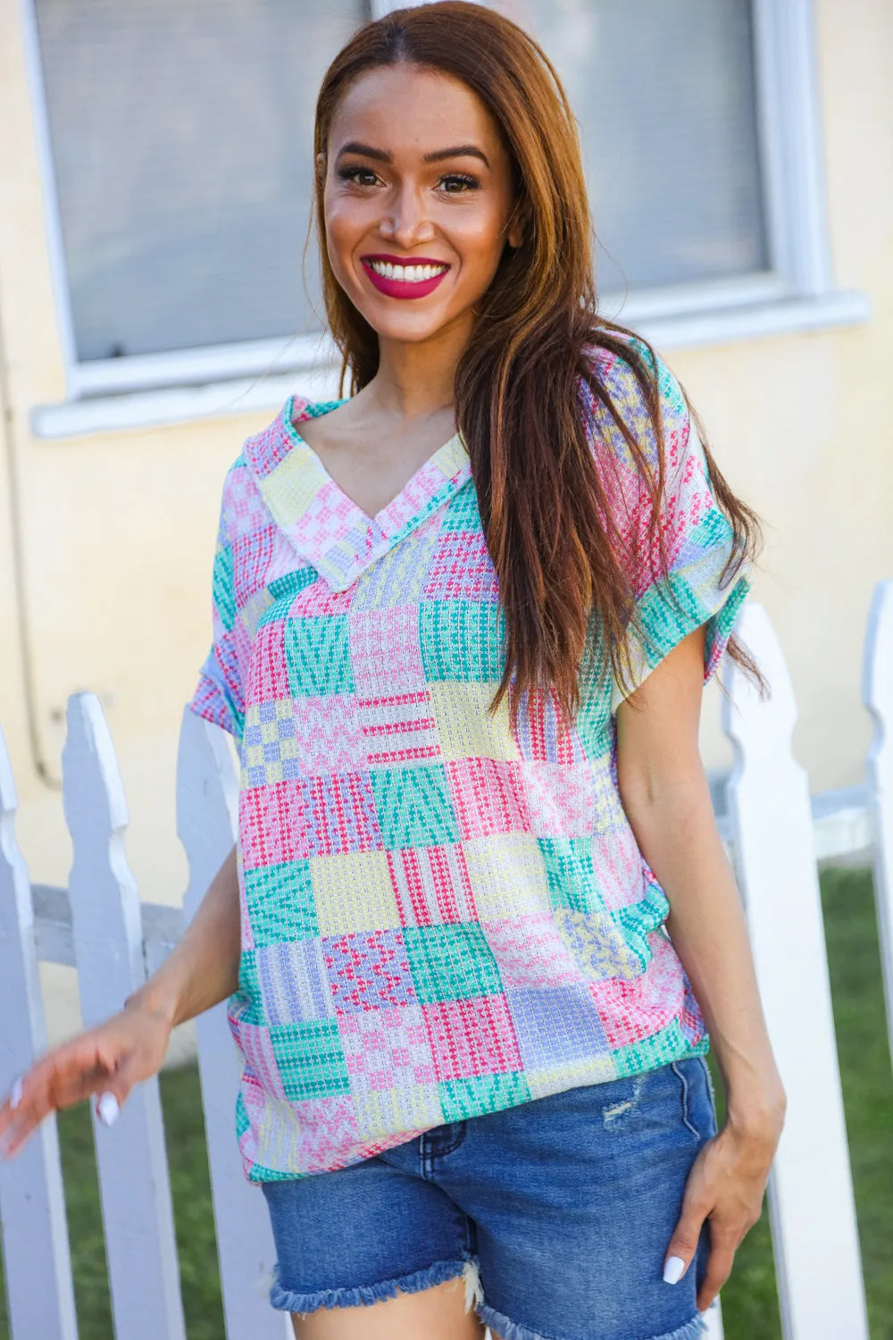 Easy Living Mint Patchwork Print Textured Knit V Neck Top (Open Pack)