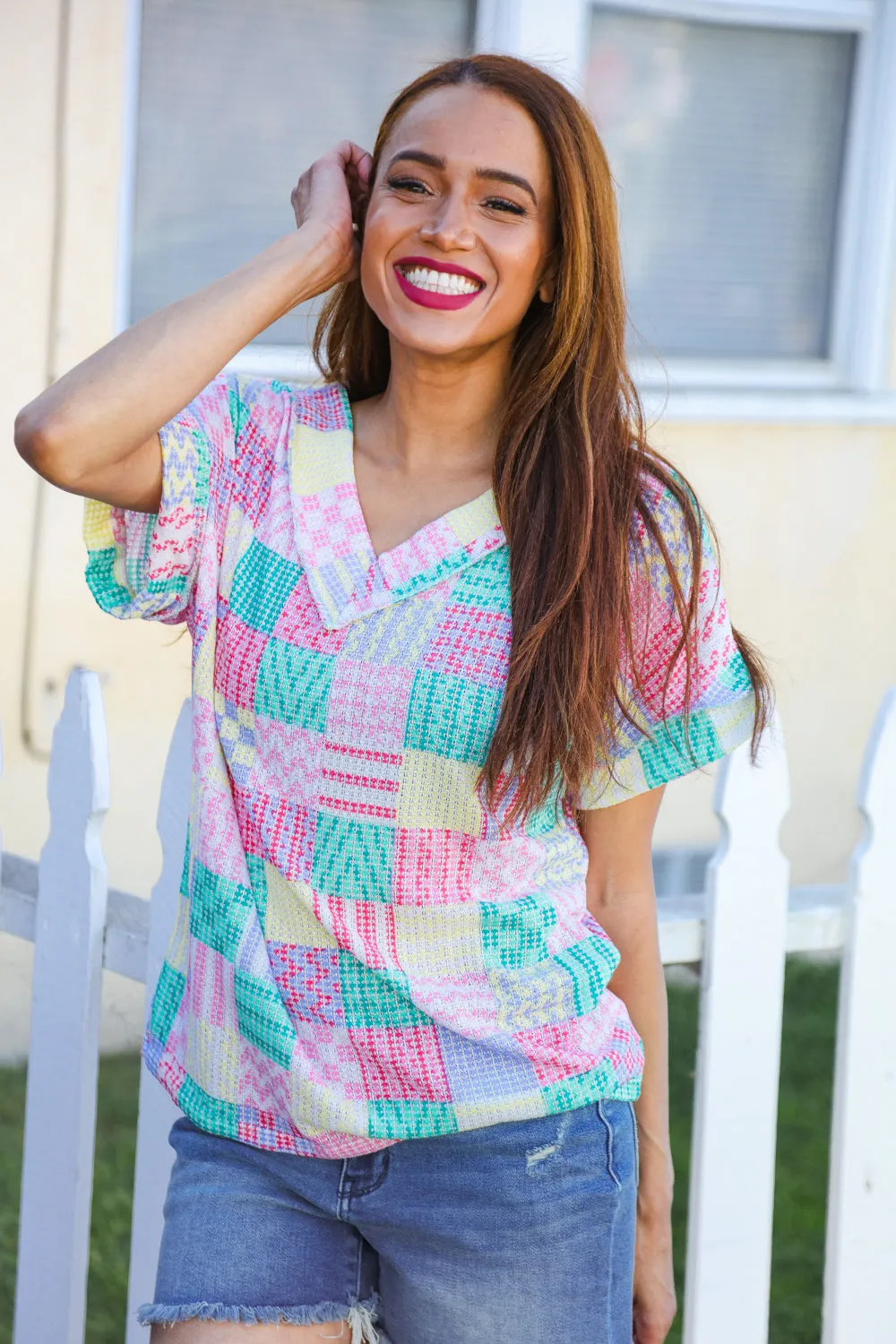 Easy Living Mint Patchwork Print Textured Knit V Neck Top (Open Pack)