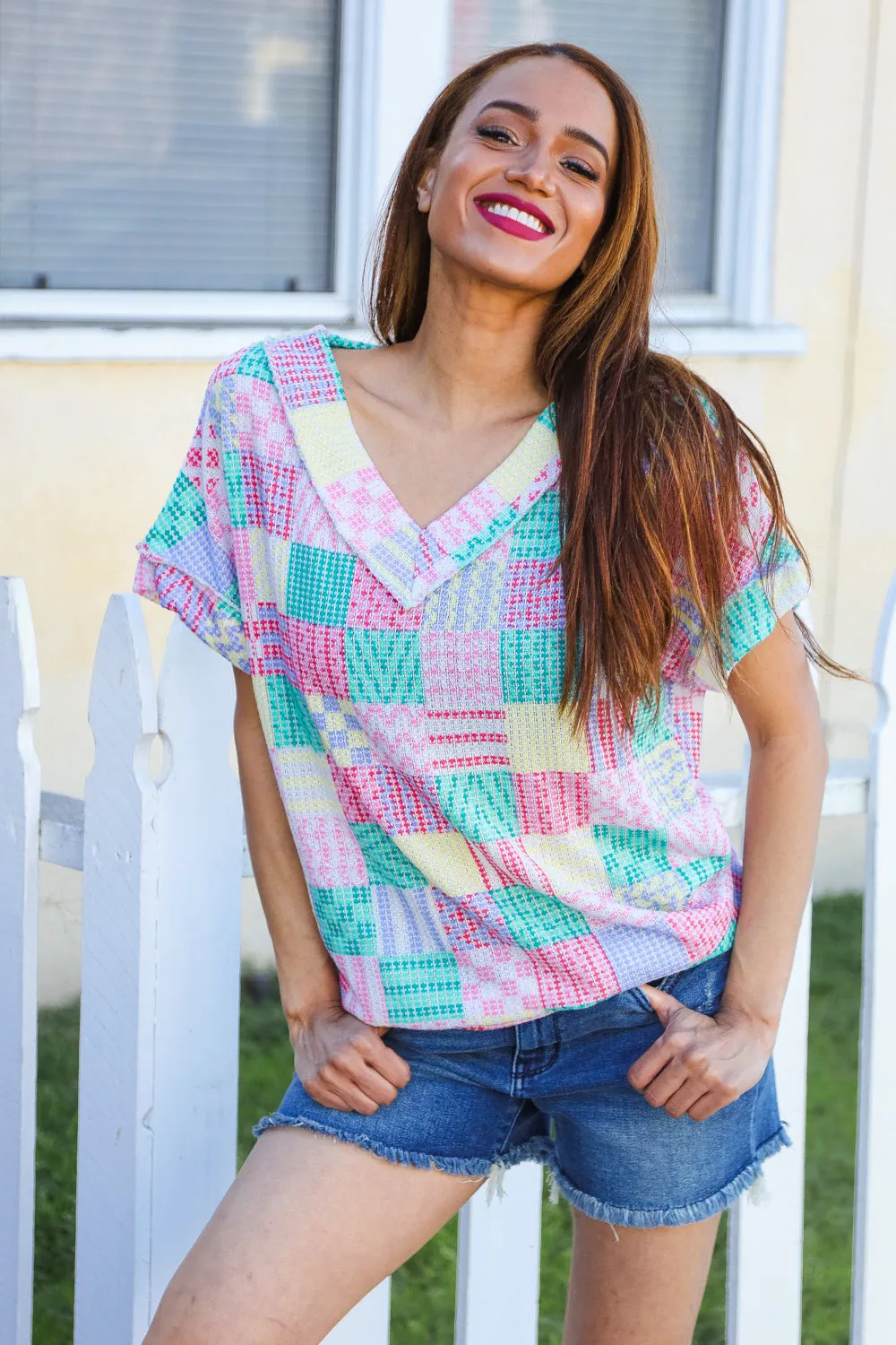 Easy Living Mint Patchwork Print Textured Knit V Neck Top (Open Pack)