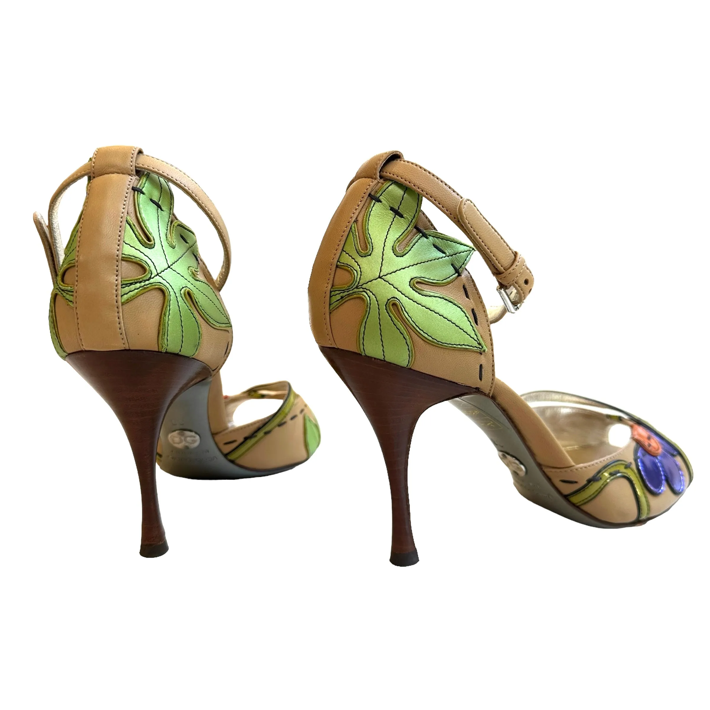 Floral Leather Heels - 8