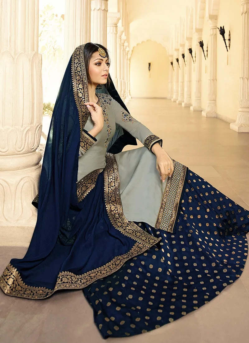 Grey And Blue Embroidered Lehenga Kurti Set