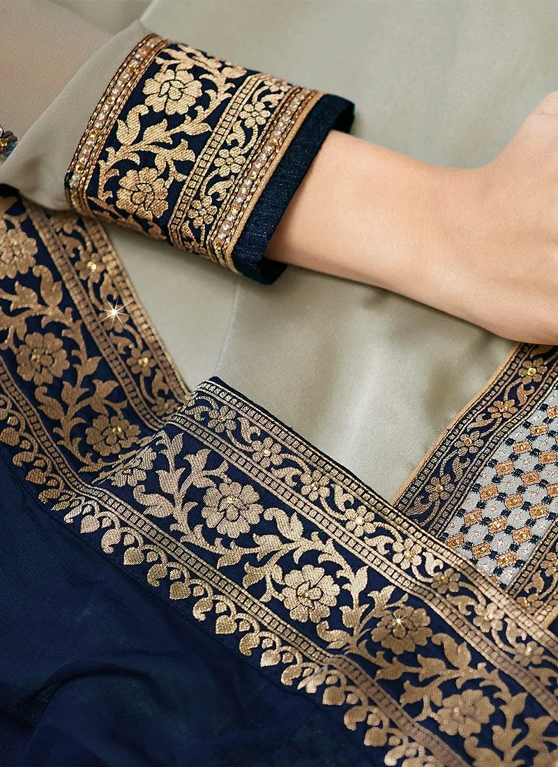 Grey And Blue Embroidered Lehenga Kurti Set
