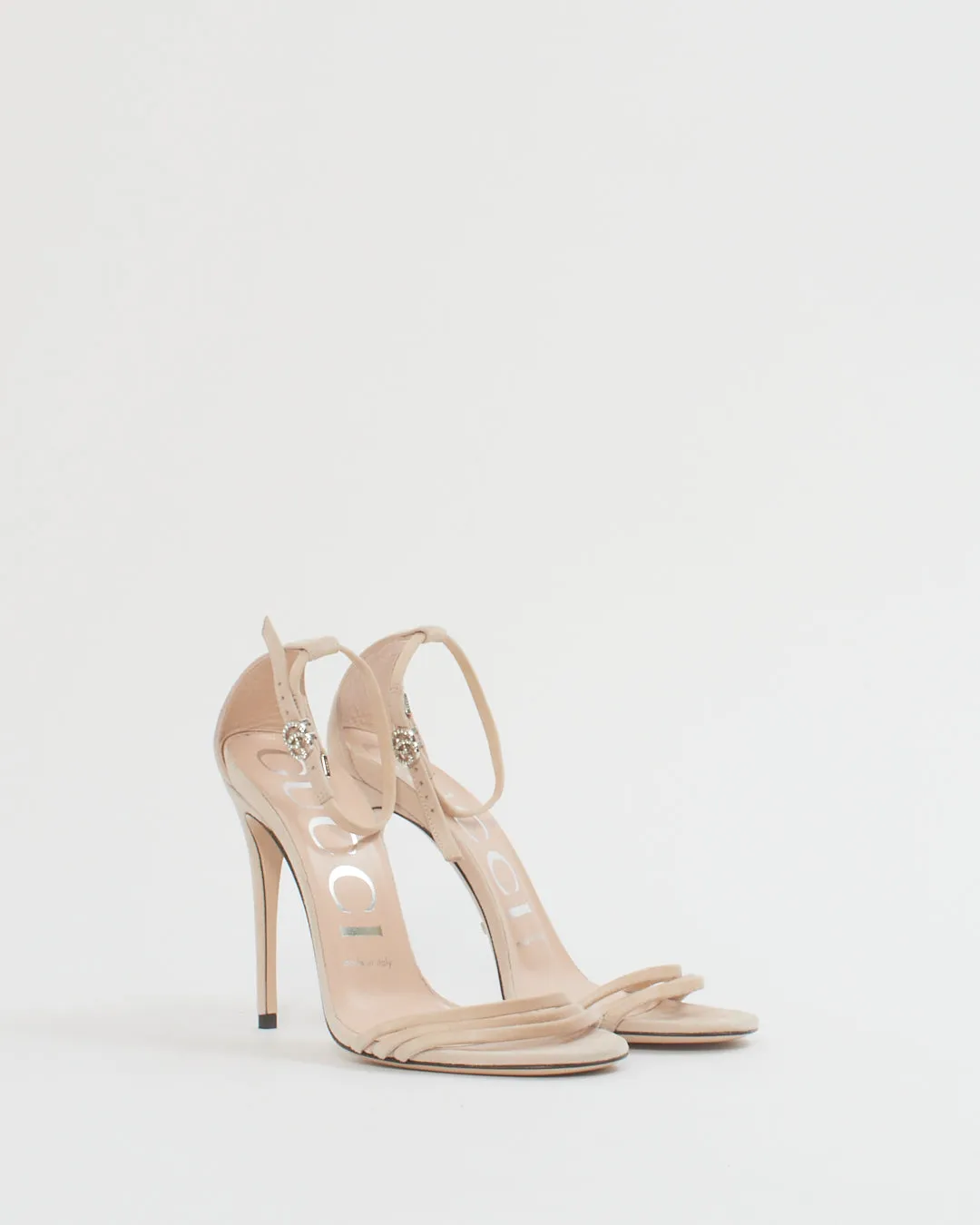 Gucci Blush Pink Suede Crystal GG Strappy Heeled Sandals - 36