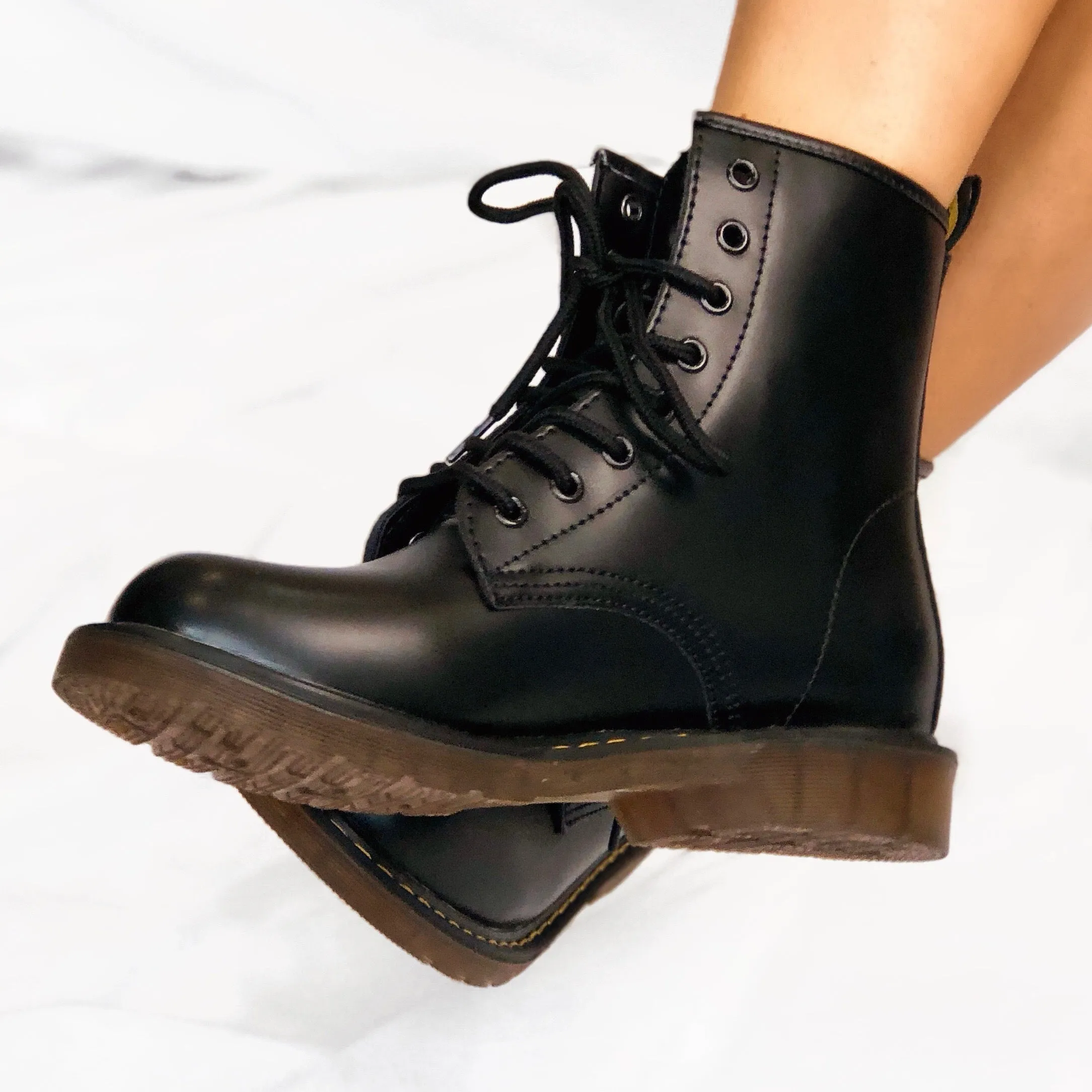 Harley Black PU Faux Leather Lace Up Chunky Biker Boots