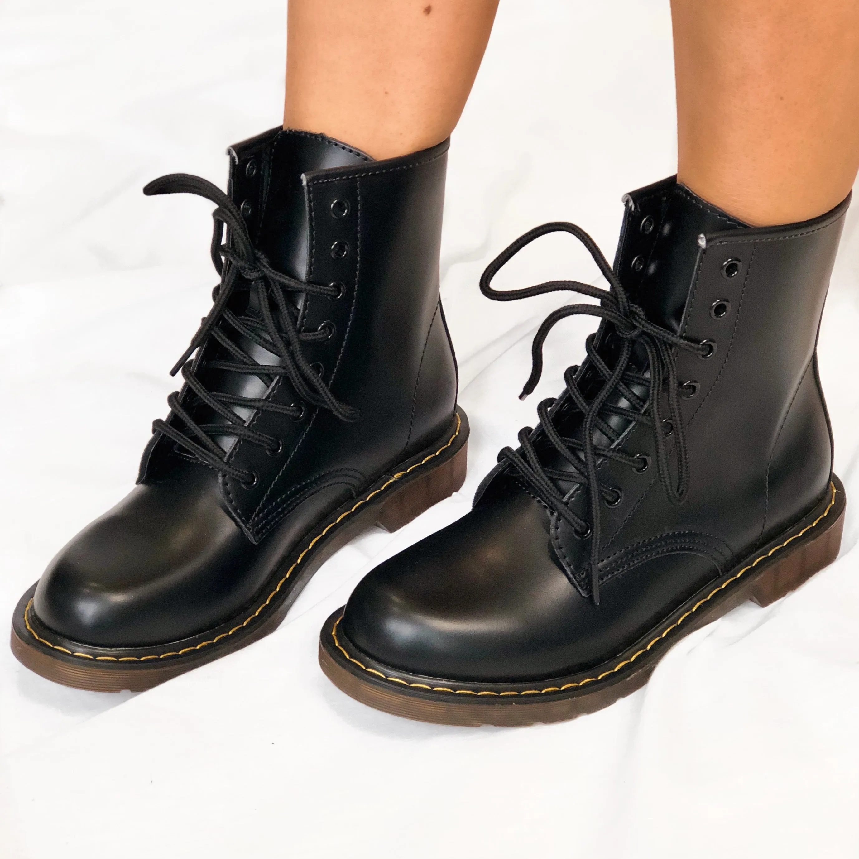 Harley Black PU Faux Leather Lace Up Chunky Biker Boots