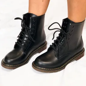 Harley Black PU Faux Leather Lace Up Chunky Biker Boots