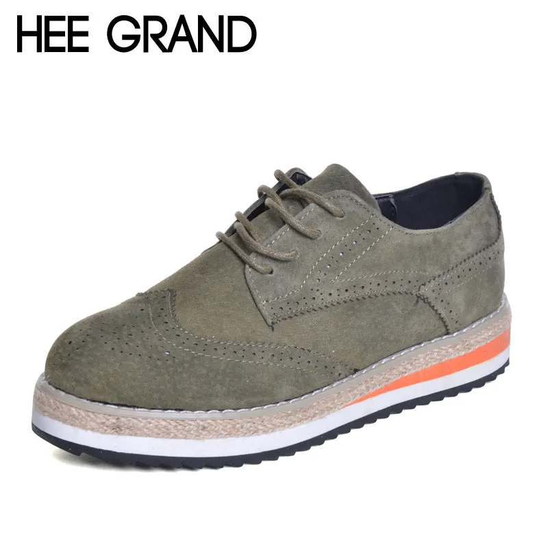 HEE GRAND Women Brogue Shoes Flock Hemp Patchwork Flat Platform Cut outs Thick Bottom Shoes Woman British Style Footwear XWD4437