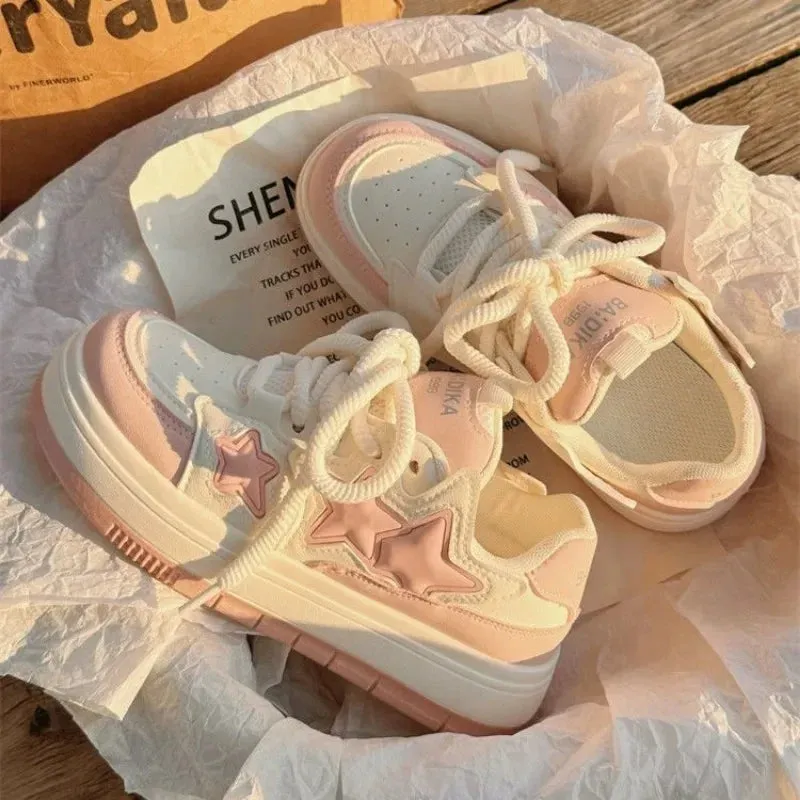 Hnzxzm 2024 New Korean Shoes Kawaii Pink Platform Sneakers Women Vintage Vulcanize Spring Summer Casual Tennis Female Flats Footwear