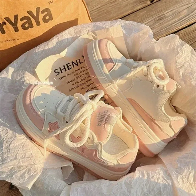 Hnzxzm 2024 New Korean Shoes Kawaii Pink Platform Sneakers Women Vintage Vulcanize Spring Summer Casual Tennis Female Flats Footwear