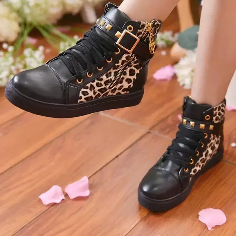 Hnzxzm New High top Shoes Women Fashion Rivets Canvas Shoes Women's Casual Shoes Leopard Flowers Brand Vintage Black White Blue