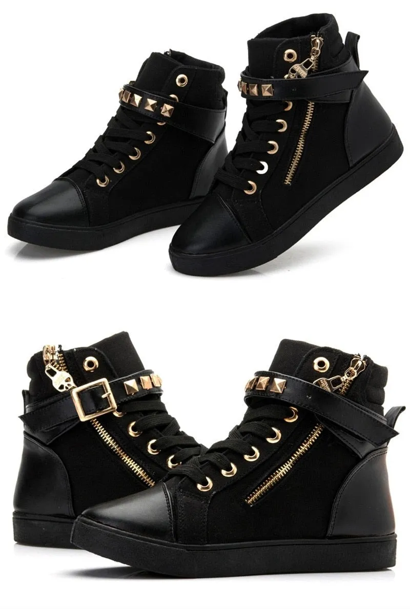 Hnzxzm New High top Shoes Women Fashion Rivets Canvas Shoes Women's Casual Shoes Leopard Flowers Brand Vintage Black White Blue