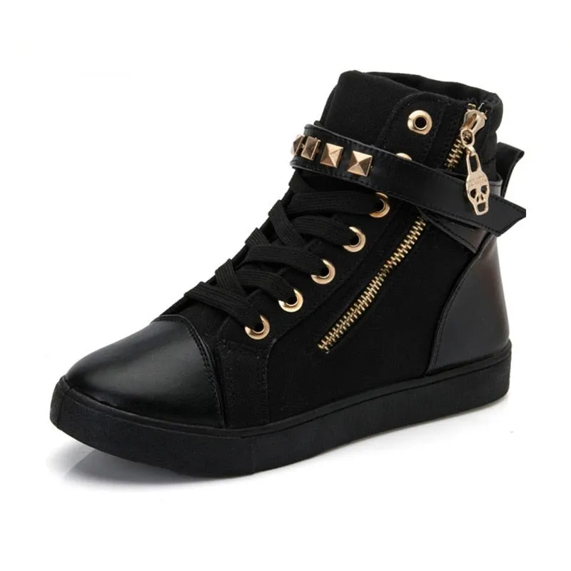 Hnzxzm New High top Shoes Women Fashion Rivets Canvas Shoes Women's Casual Shoes Leopard Flowers Brand Vintage Black White Blue