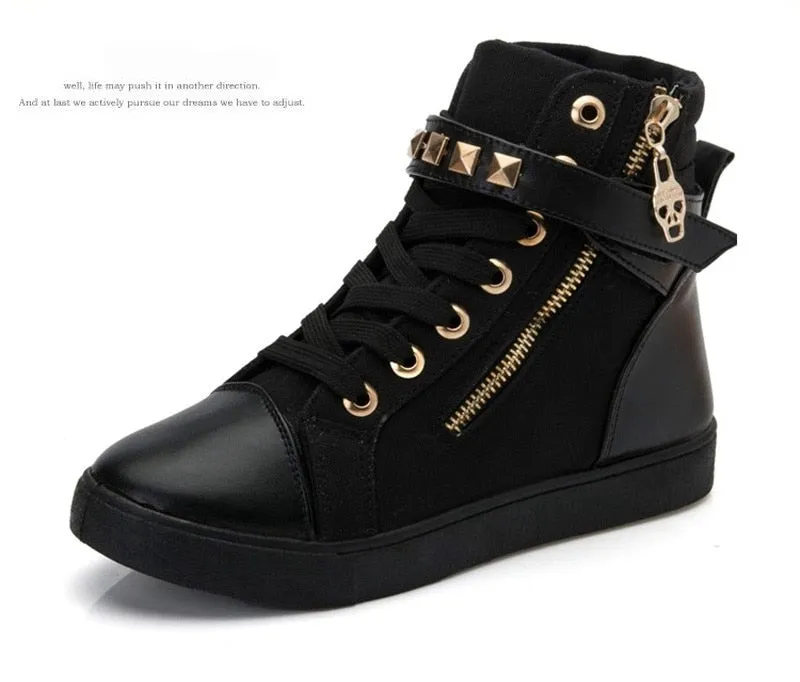 Hnzxzm New High top Shoes Women Fashion Rivets Canvas Shoes Women's Casual Shoes Leopard Flowers Brand Vintage Black White Blue
