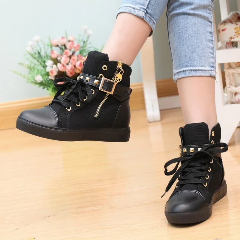 Hnzxzm New High top Shoes Women Fashion Rivets Canvas Shoes Women's Casual Shoes Leopard Flowers Brand Vintage Black White Blue