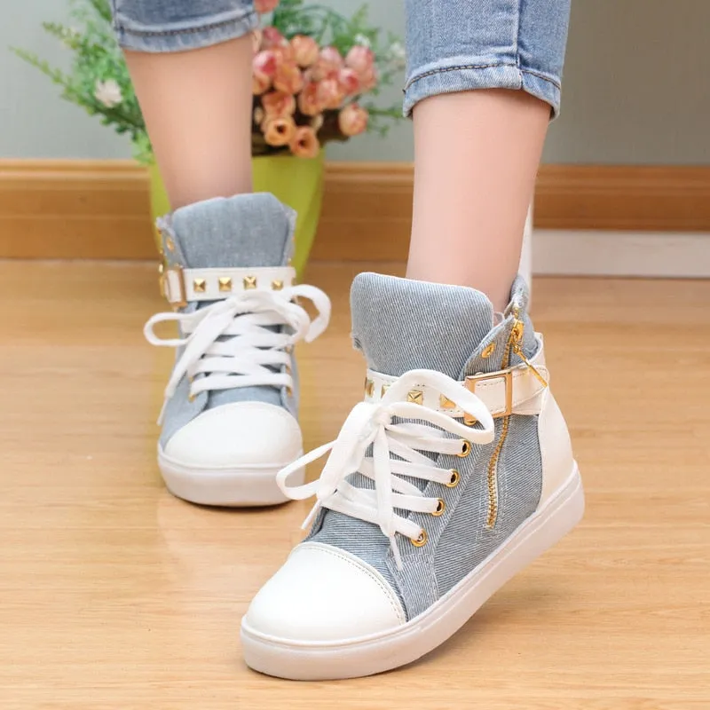 Hnzxzm New High top Shoes Women Fashion Rivets Canvas Shoes Women's Casual Shoes Leopard Flowers Brand Vintage Black White Blue