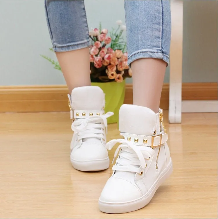 Hnzxzm New High top Shoes Women Fashion Rivets Canvas Shoes Women's Casual Shoes Leopard Flowers Brand Vintage Black White Blue