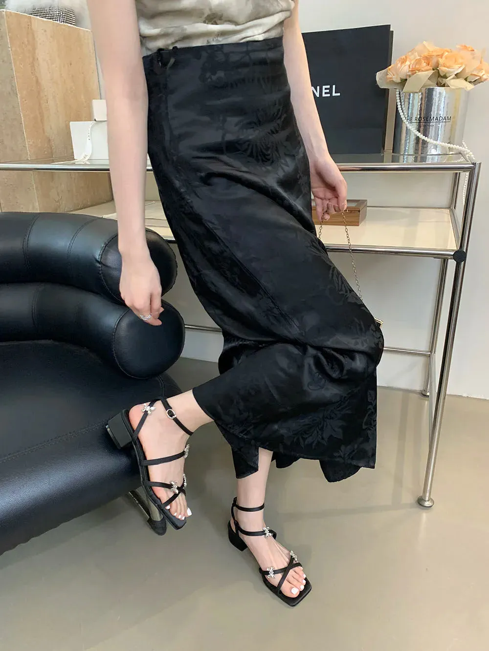 Hnzxzm Open Toe Women Sandals Black Silver Summer Dress Shoes Thick Mid Heels Ankle Strap Party Pumps Butterfly Design Rhinestone Bow