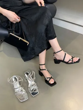 Hnzxzm Open Toe Women Sandals Black Silver Summer Dress Shoes Thick Mid Heels Ankle Strap Party Pumps Butterfly Design Rhinestone Bow