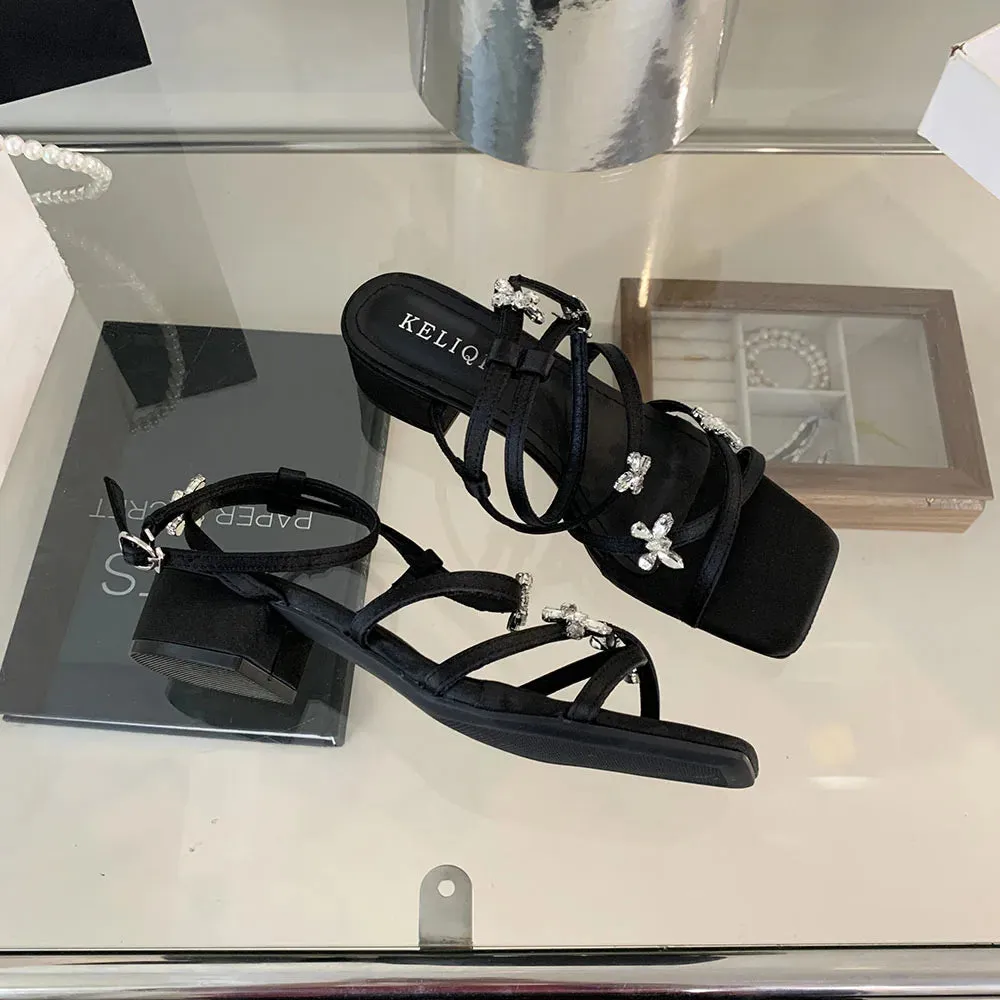 Hnzxzm Open Toe Women Sandals Black Silver Summer Dress Shoes Thick Mid Heels Ankle Strap Party Pumps Butterfly Design Rhinestone Bow