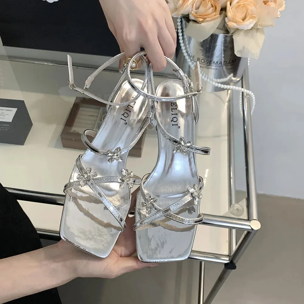 Hnzxzm Open Toe Women Sandals Black Silver Summer Dress Shoes Thick Mid Heels Ankle Strap Party Pumps Butterfly Design Rhinestone Bow