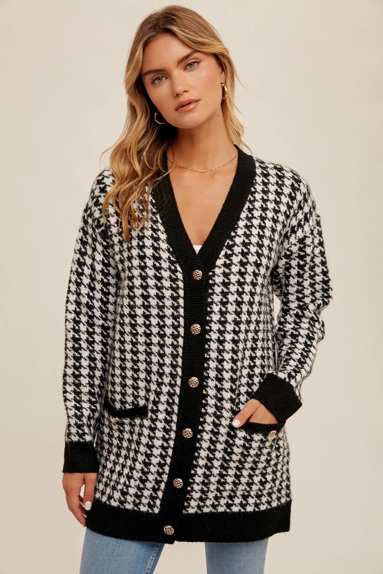 Houndstooth Longline Cardigan - Black