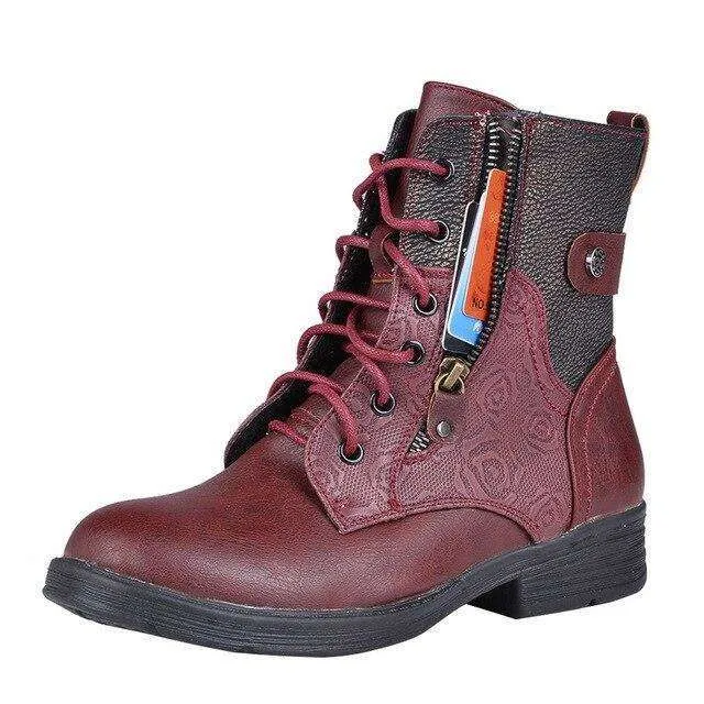 Lace Up Zip Buckle Snow Leather Women Boots