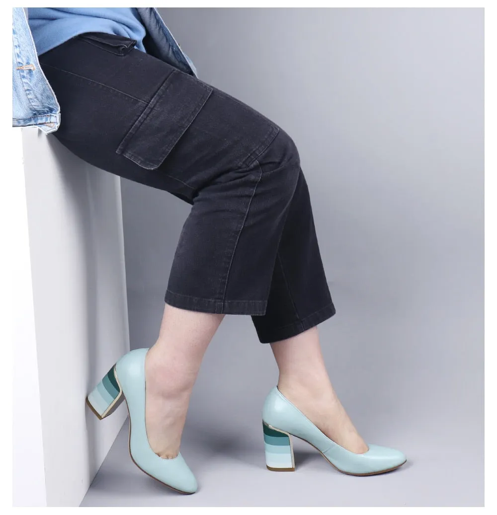 Leather Pointed Toe Slip On Chunky Heel Pumps
