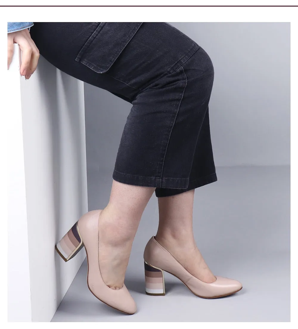 Leather Pointed Toe Slip On Chunky Heel Pumps